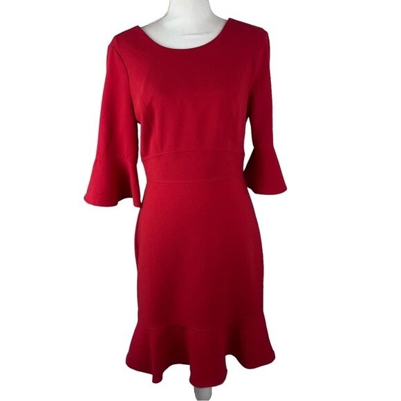 White House Black Market Red Sheath Dress Bell Sleeves Size 4 Fluted Hem - Picture 1 of 16